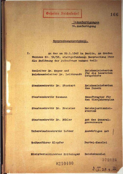 First page of Copy 16 of the Wannsee Protocol