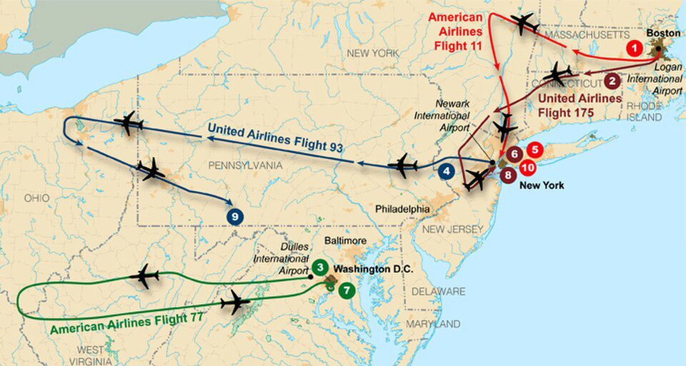 Flight paths of the four hijacked planes used in the terrorist attacks on September 11, 2001